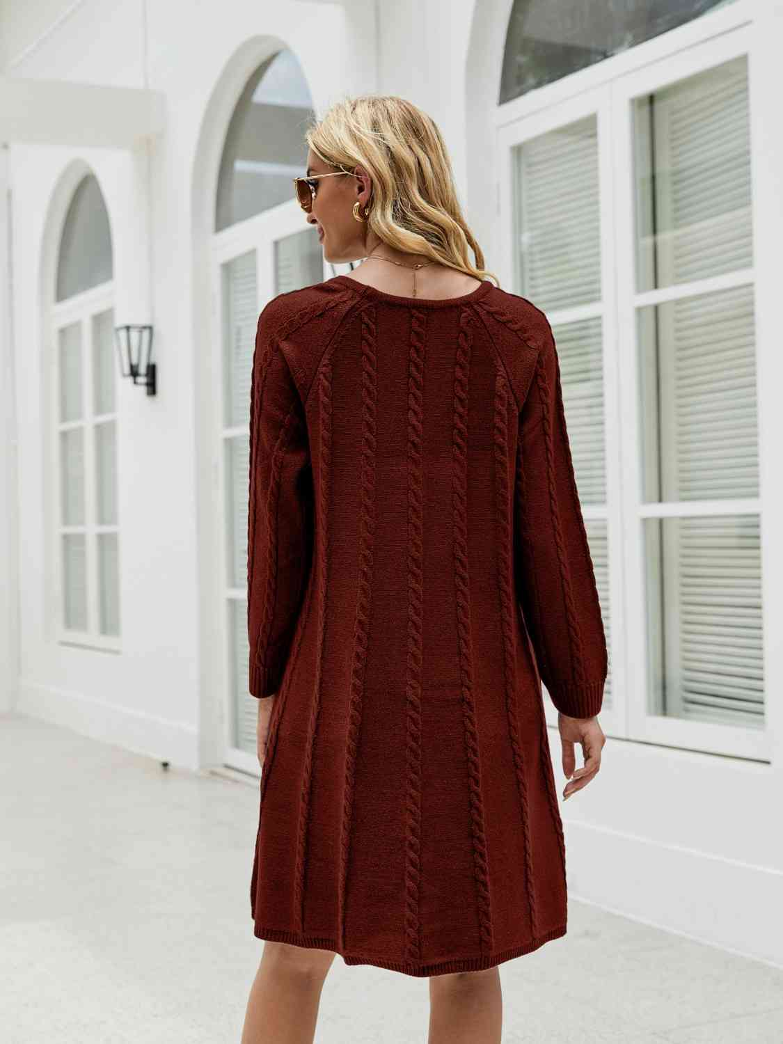 Cable - Knit Long Sleeve Sweater Dress - Sweater Dress - Wine - Bella Bourget