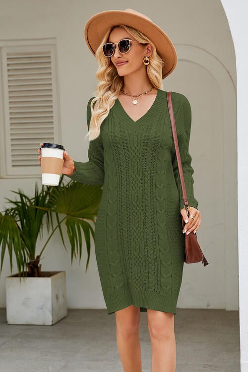 Cable - Knit Long Sleeve Sweater Dress - Dress - Matcha Green - Bella Bourget