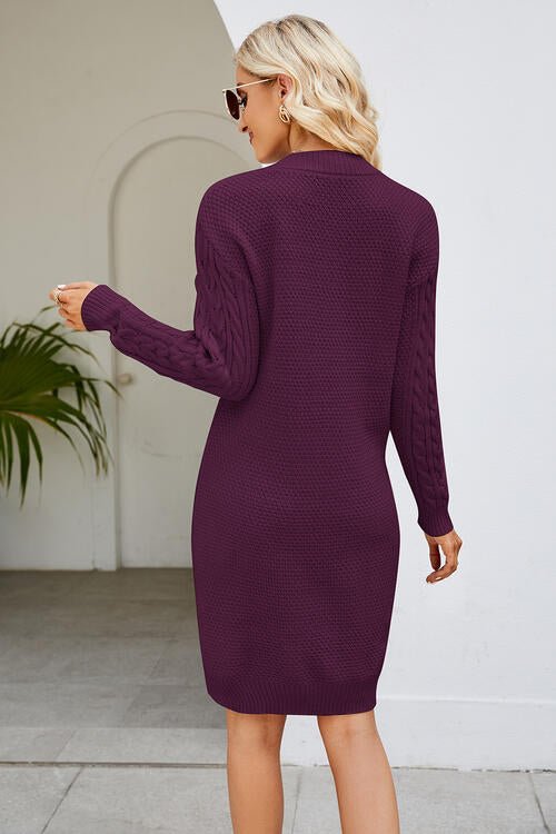 Cable - Knit Long Sleeve Sweater Dress - Dress - Magenta - Bella Bourget