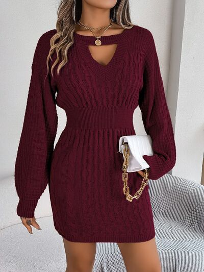 Cable - knit sweater dress with neck cutout - Sweater Dress - Wine - Bella Bourget