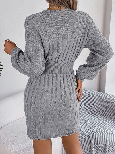 Cable - knit sweater dress with neck cutout - Sweater Dress - Charcoal - Bella Bourget