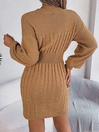 Cable - knit sweater dress with neck cutout - Sweater Dress - Tan - Bella Bourget