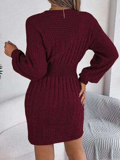 Cable - knit sweater dress with neck cutout - Sweater Dress - Wine - Bella Bourget