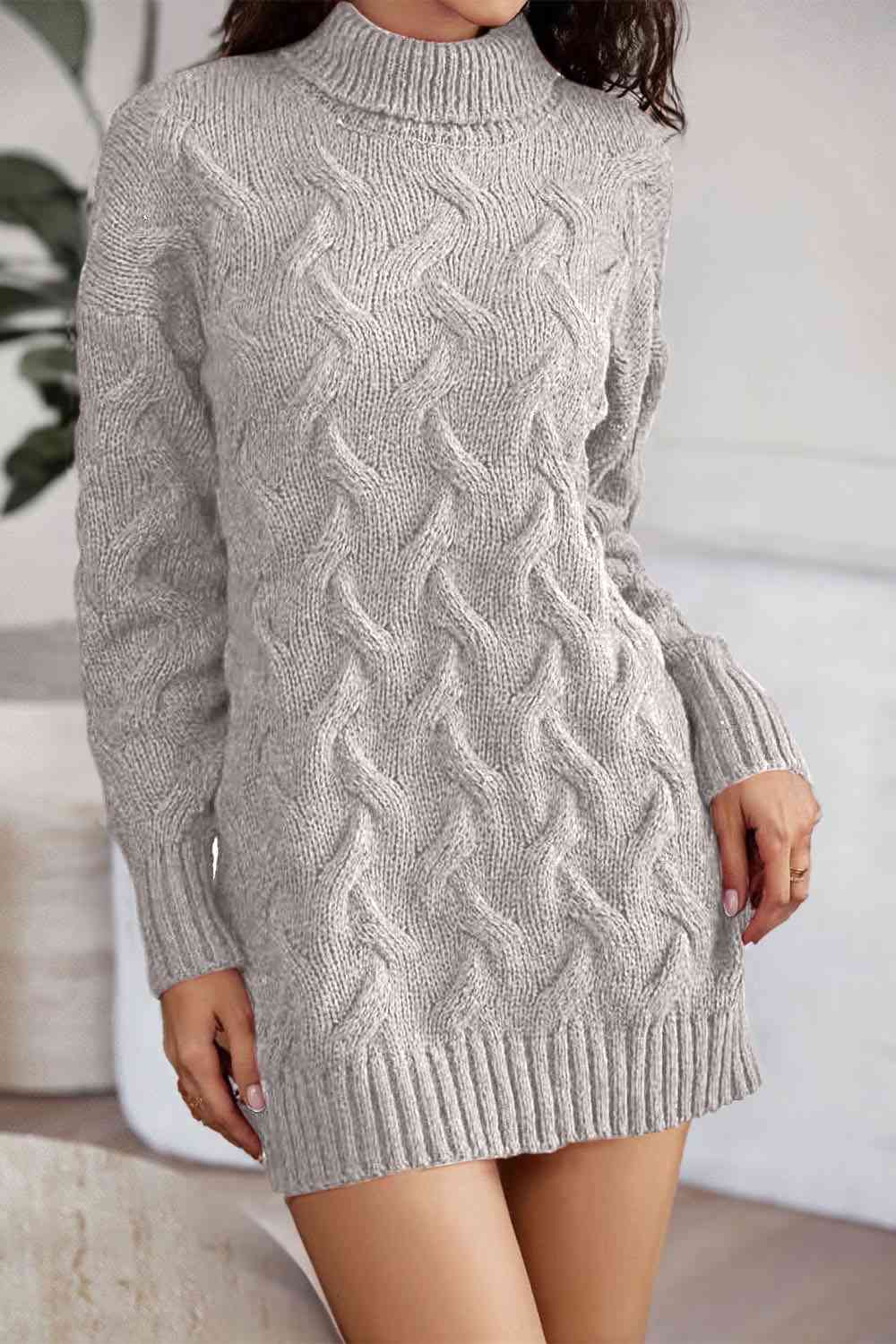 Cable - Knit Turtleneck Sweater Dress - Sweater Dress - Heather Gray - Bella Bourget