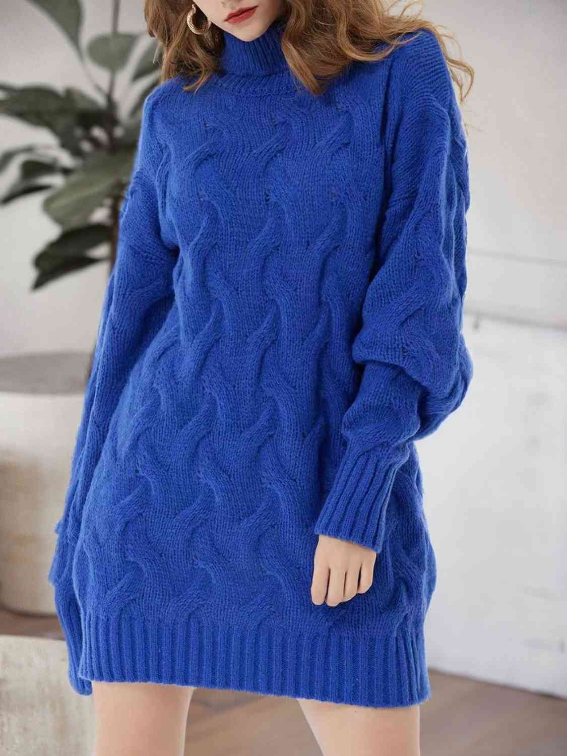 Cable - Knit Turtleneck Sweater Dress - Sweater Dress - Royal Blue - Bella Bourget