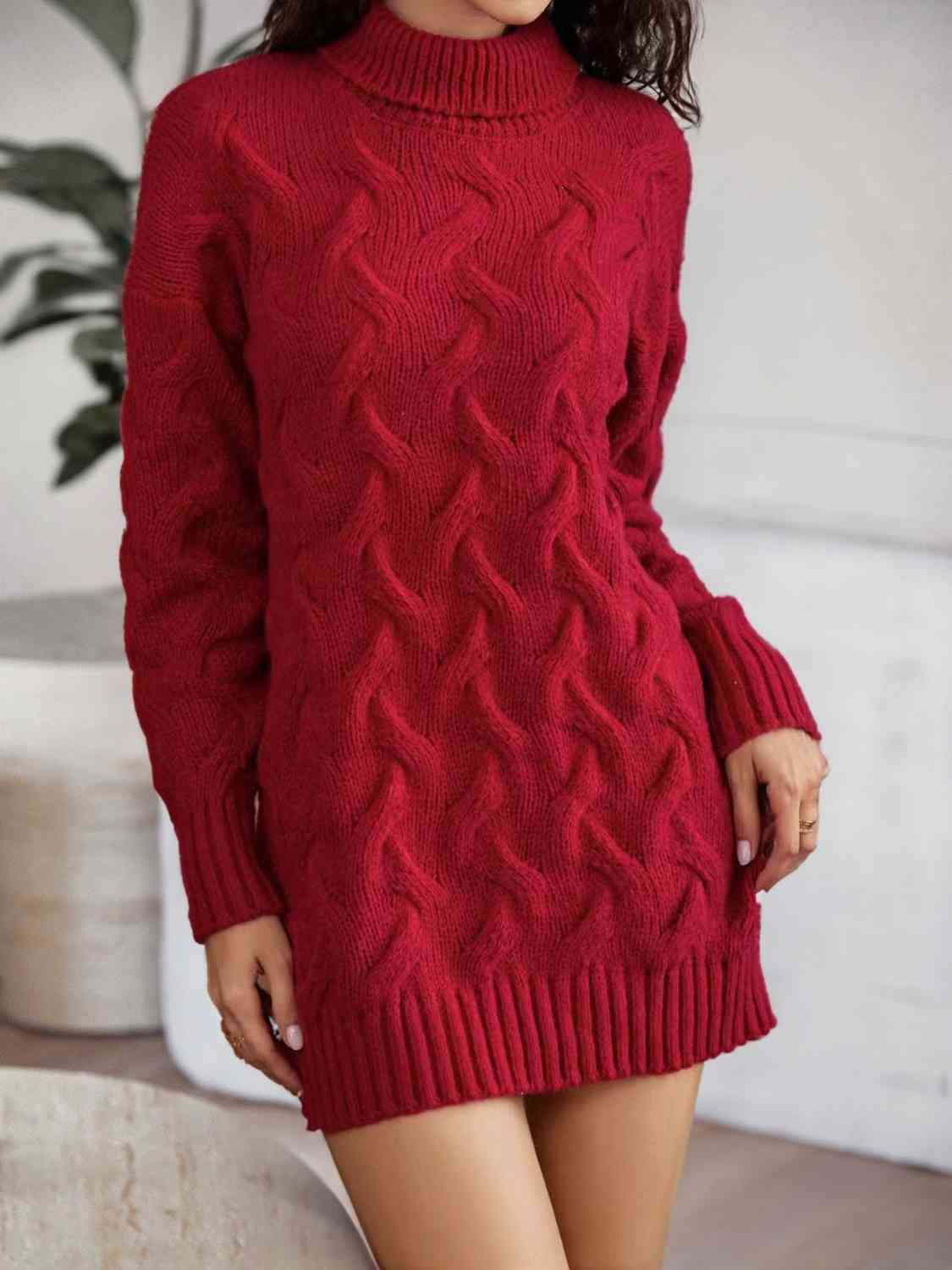 Cable - Knit Turtleneck Sweater Dress - Sweater Dress - Wine - Bella Bourget