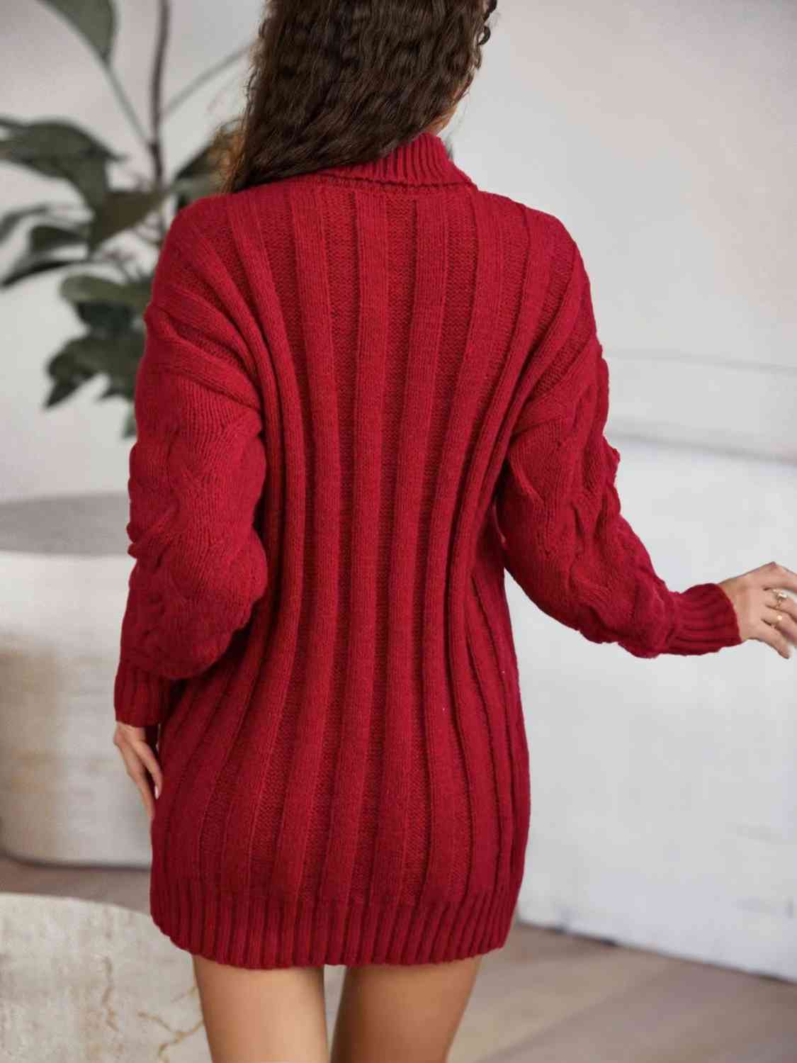 Cable - Knit Turtleneck Sweater Dress - Sweater Dress - Wine - Bella Bourget