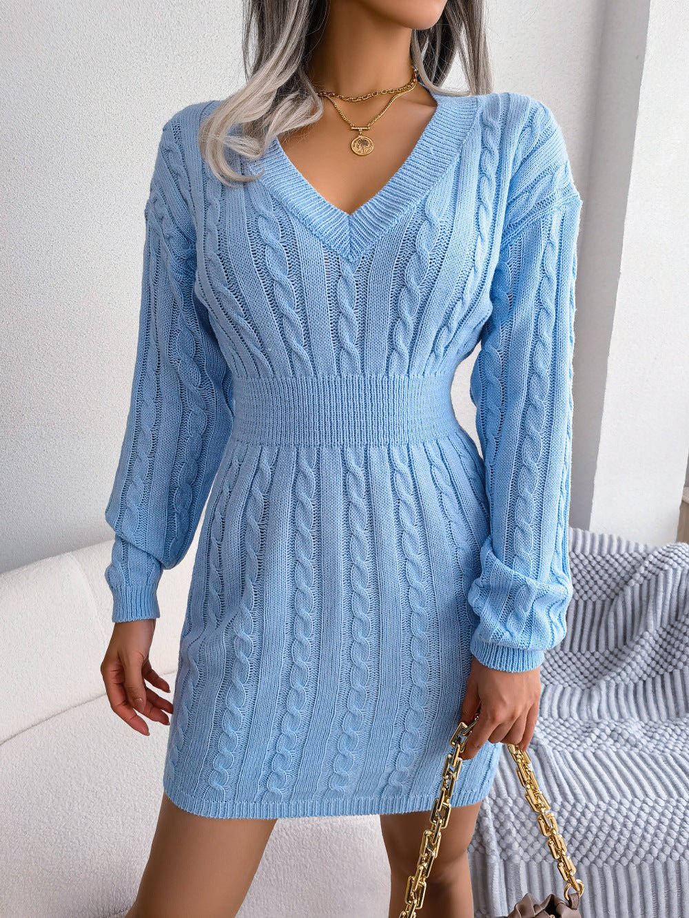 Cable - Knit V - Neck Mini Sweater Dress - Dress - Sky Blue - Bella Bourget