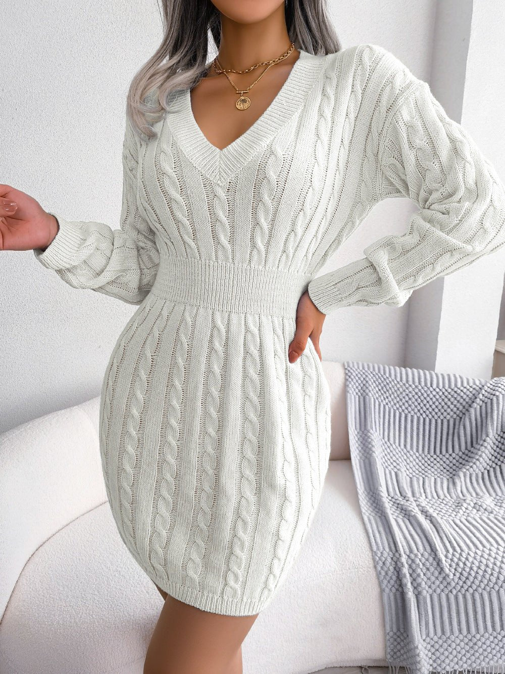 Cable - Knit V - Neck Mini Sweater Dress - Dress - White - Bella Bourget