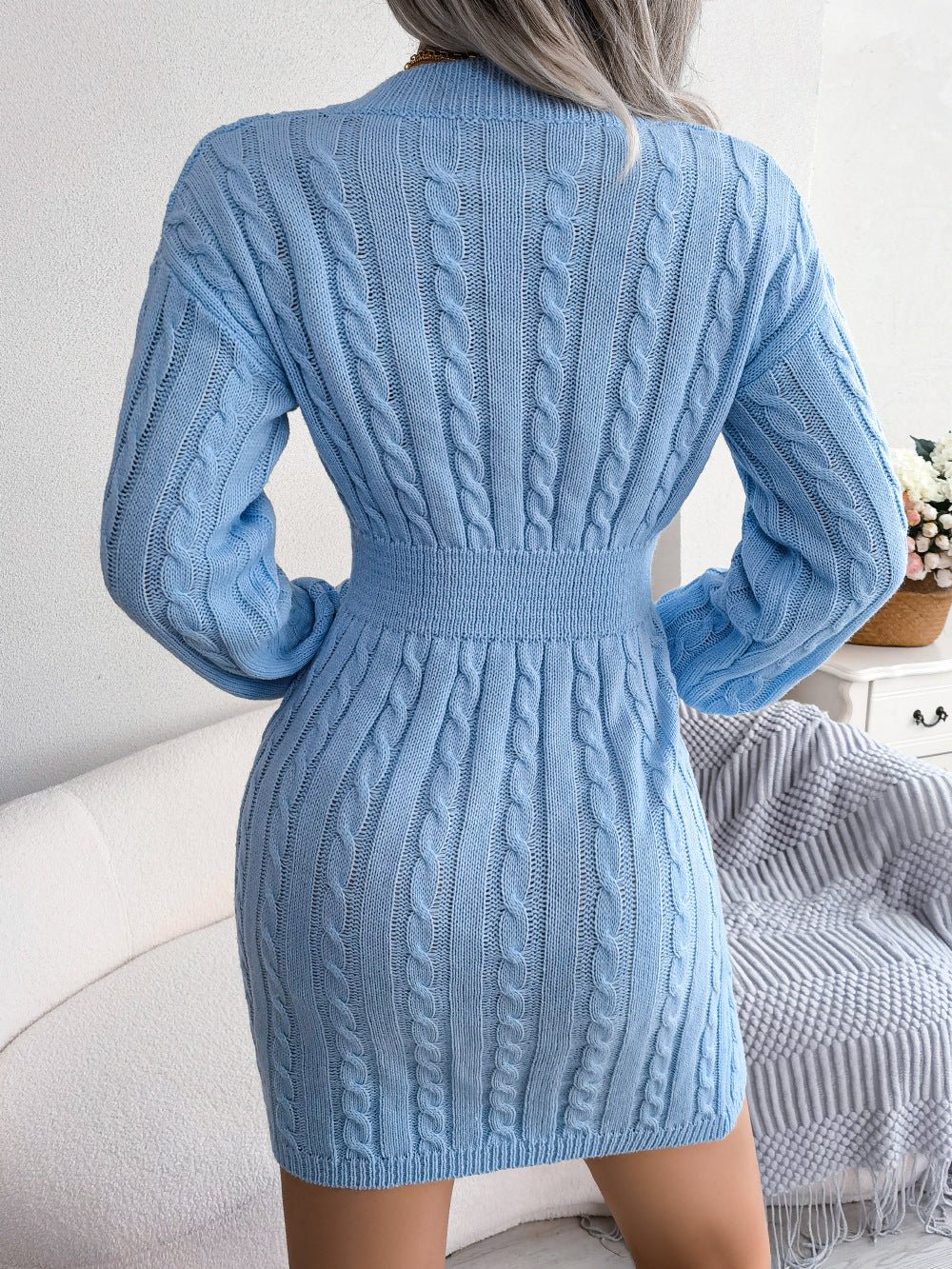 Cable - Knit V - Neck Mini Sweater Dress - Dress - Sky Blue - Bella Bourget