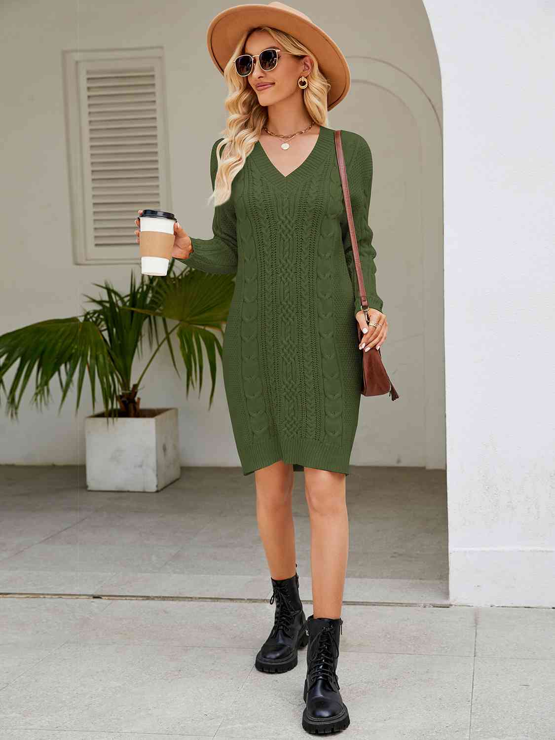 Cable - Knit V - Neck Mini Sweater Dress - Sweater Dress - Green - Bella Bourget