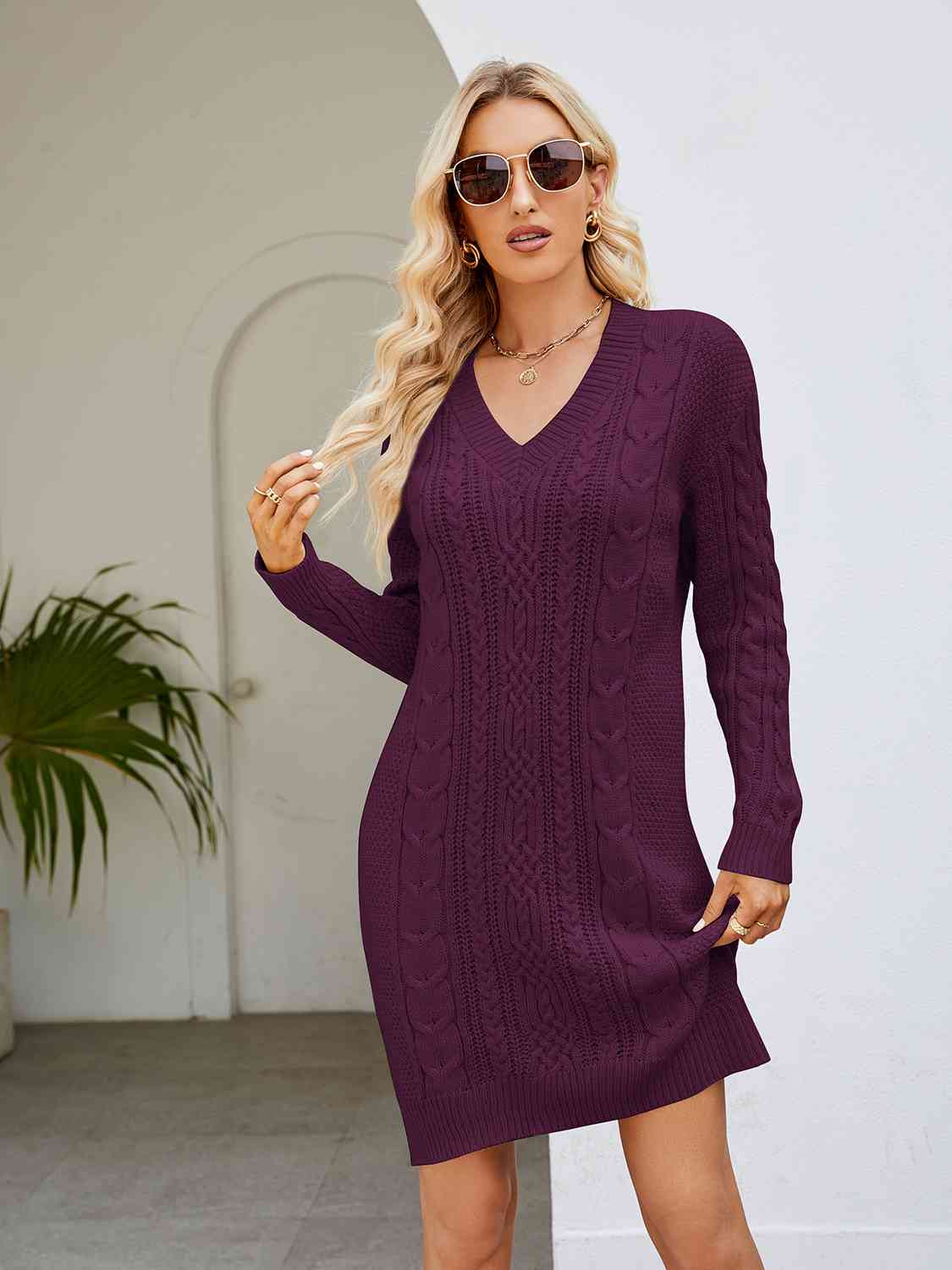 Cable - Knit V - Neck Mini Sweater Dress - Sweater Dress - Wine - Bella Bourget