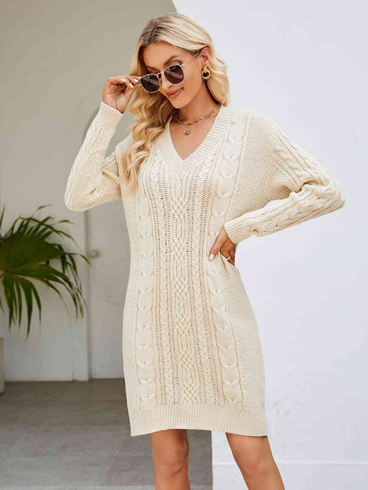 Cable - Knit V - Neck Mini Sweater Dress - Sweater Dress - Ivory - Bella Bourget