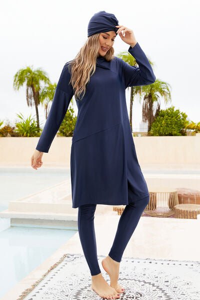 Cap, Long Sleeve Hooded Top and Pants Swim Set - Modest Swimwear - Dark Navy - Bella Bourget