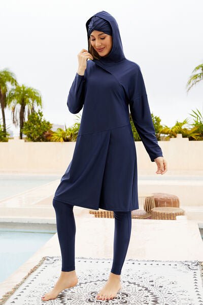 Cap, Long Sleeve Hooded Top and Pants Swim Set - Modest Swimwear - Dark Navy - Bella Bourget