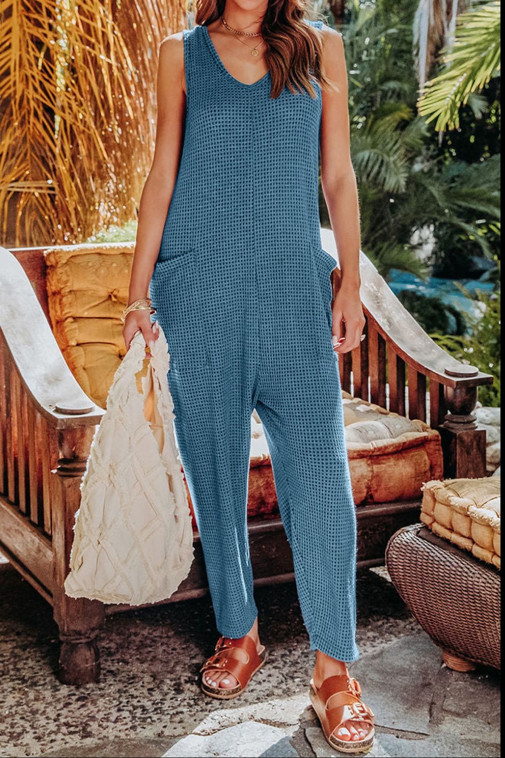 Full Size Sleeveless Straight Jumpsuit - Jumpsuit - Sky Blue - Bella Bourget