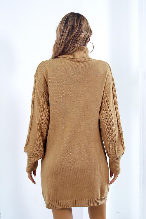 Openwork Turtleneck Long Sleeve Sweater Dress - Sweater Dress - Camel - Bella Bourget