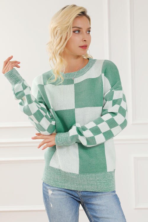 Checkered Drop Shoulder Long Sleeve Sweater - Sweater - Gum Leaf - Bella Bourget