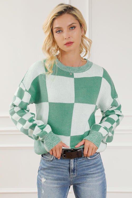 Checkered Drop Shoulder Long Sleeve Sweater - Sweater - Gum Leaf - Bella Bourget