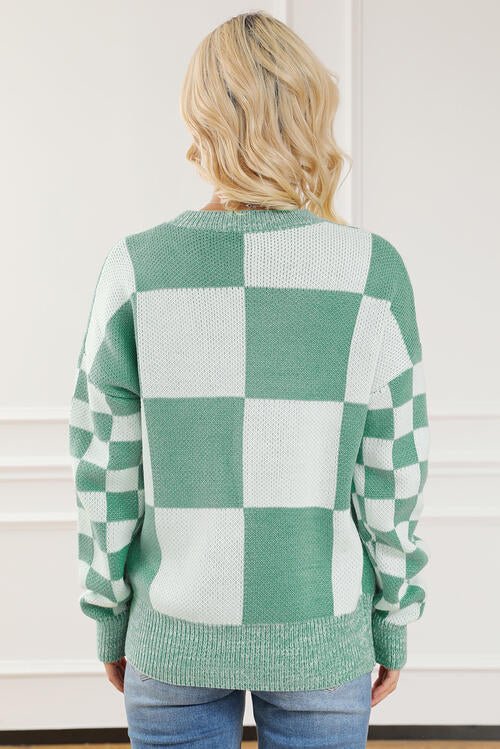 Checkered Drop Shoulder Long Sleeve Sweater - Sweater - Gum Leaf - Bella Bourget