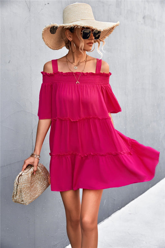 Cold - Shoulder Frill Trim Tiered Dress - Dress - Deep Rose - Bella Bourget