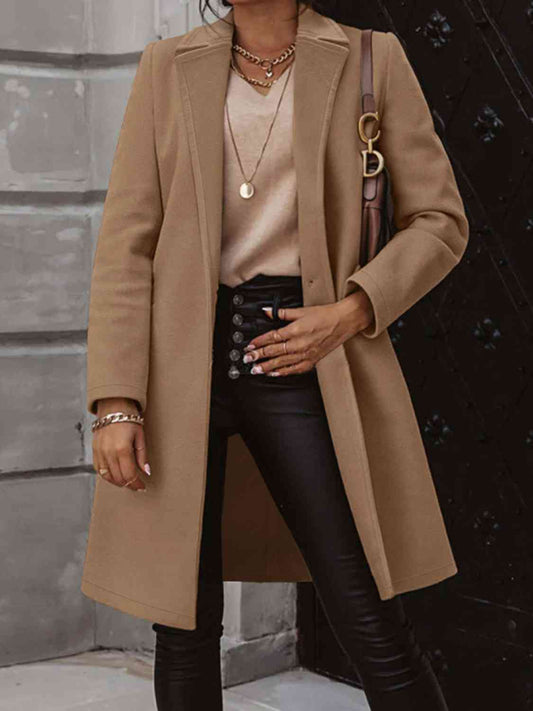 Collared Neck Button Up Long Sleeve Coat - Coat - Camel - Bella Bourget