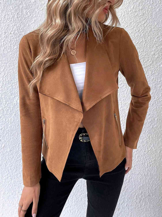 Collared Neck Long Sleeve Jacket - Jacket - Caramel - Bella Bourget