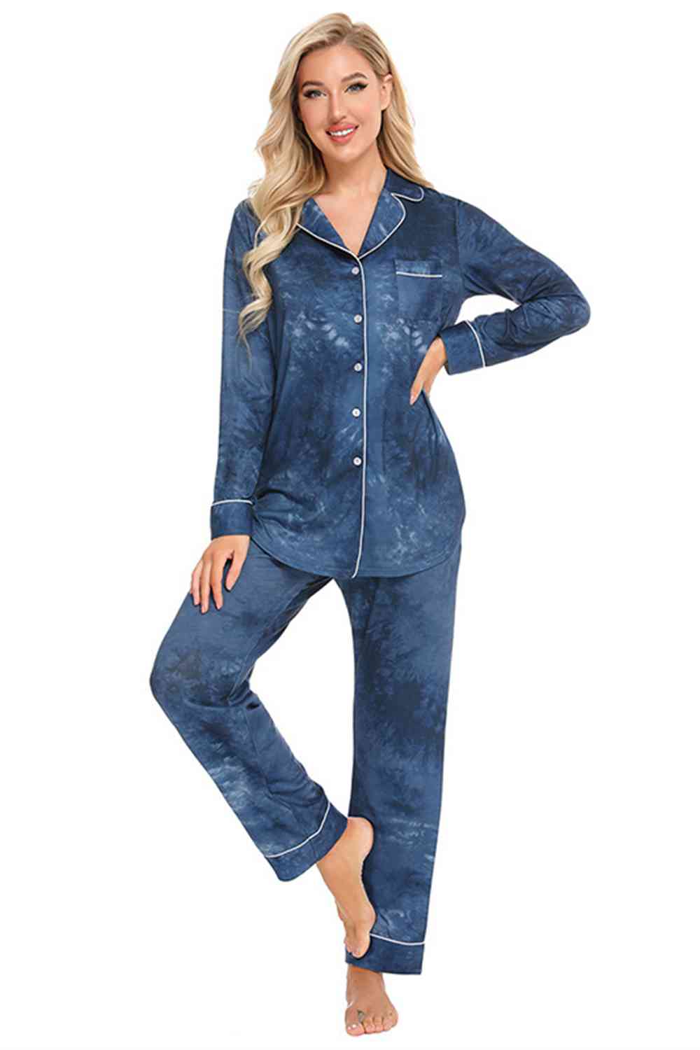 Collared Neck Long Sleeve Loungewear Set with Pockets - Loungewear Set - French Blue - Bella Bourget