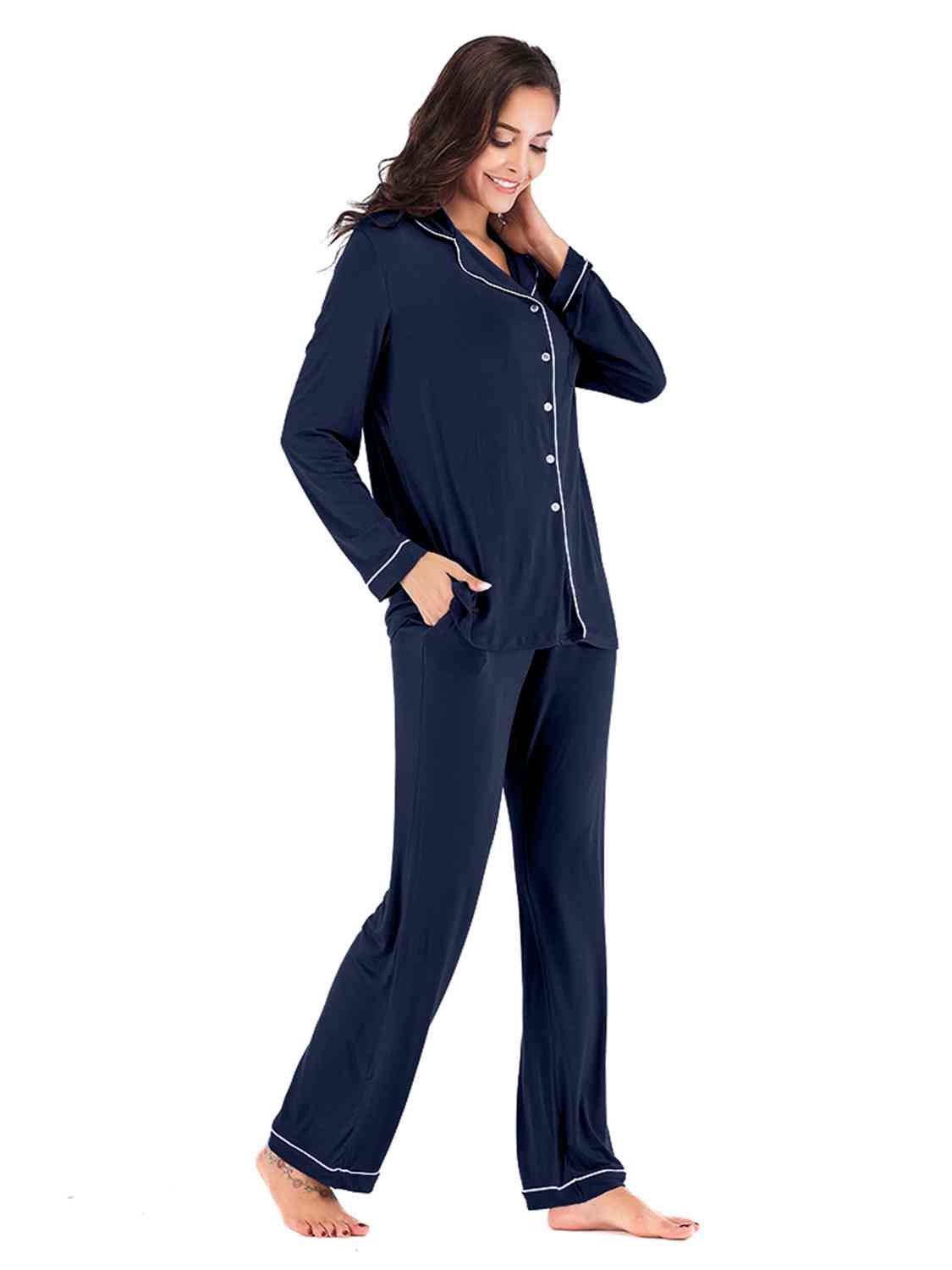 Collared Neck Long Sleeve Loungewear Set with Pockets - Loungewear Set - Navy - Bella Bourget