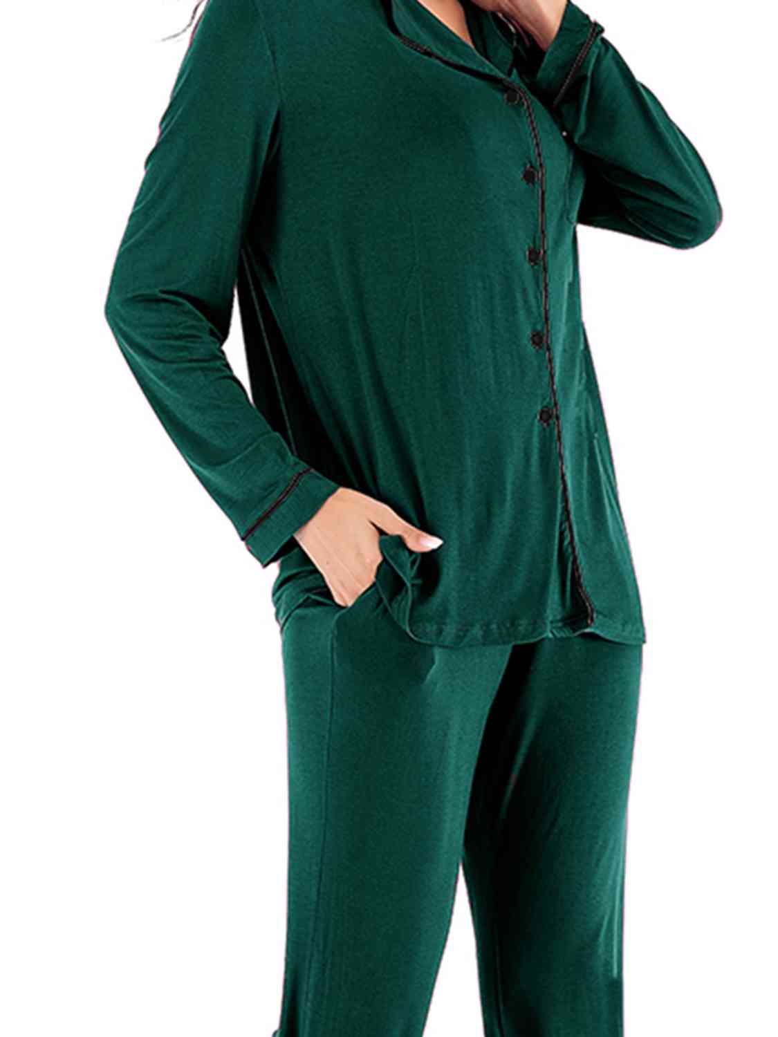 Collared Neck Long Sleeve Loungewear Set with Pockets - Loungewear Set - Green - Bella Bourget