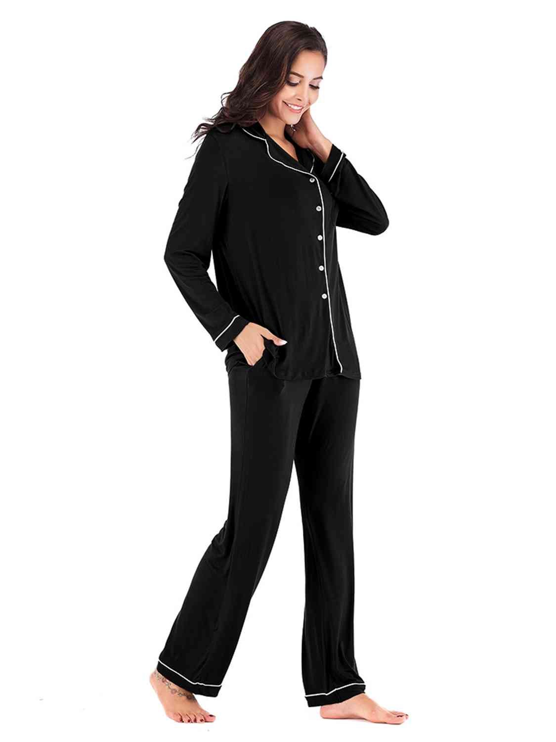 Collared Neck Long Sleeve Loungewear Set with Pockets - Loungewear Set - Black - Bella Bourget