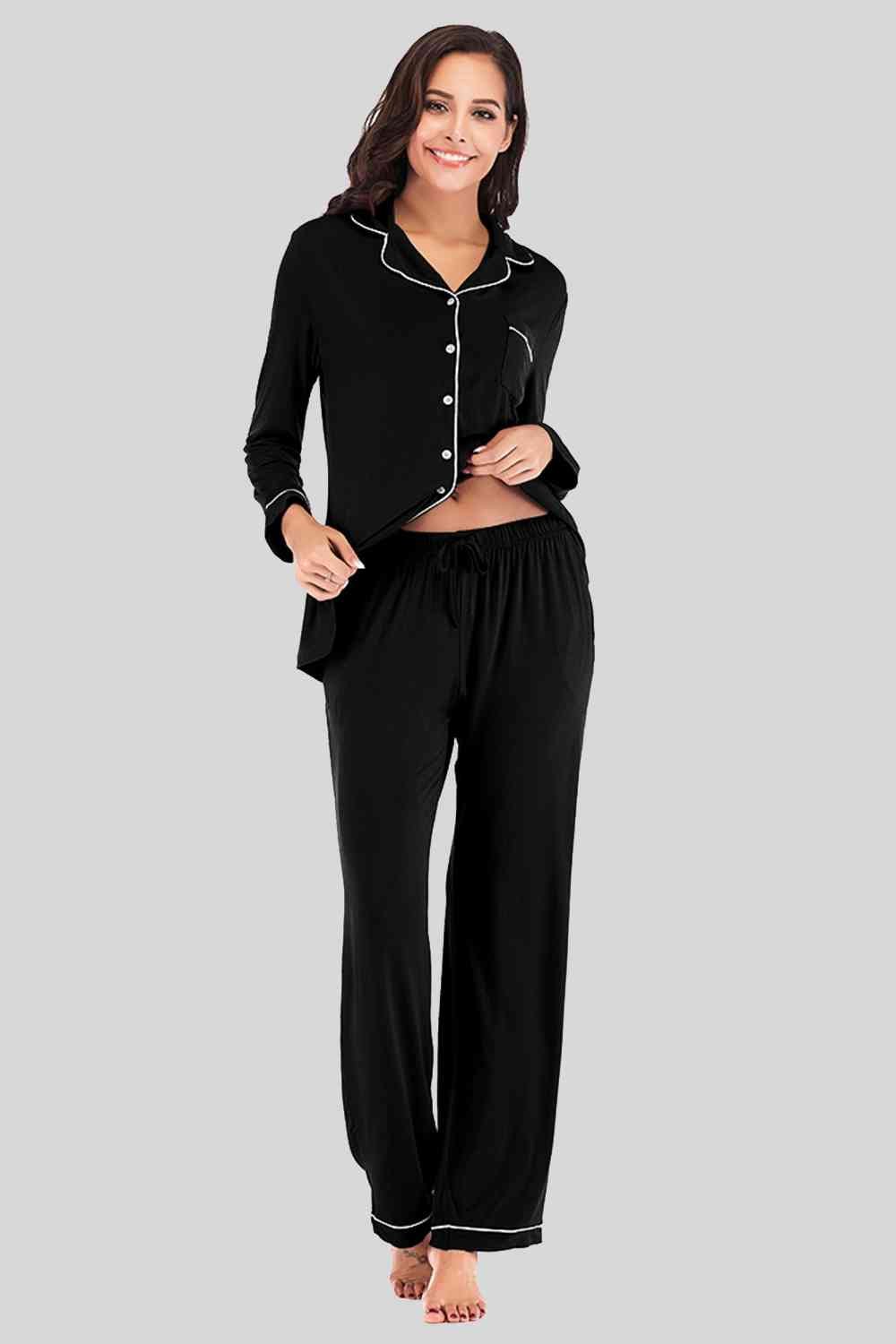 Collared Neck Long Sleeve Loungewear Set with Pockets - Loungewear Set - Black - Bella Bourget