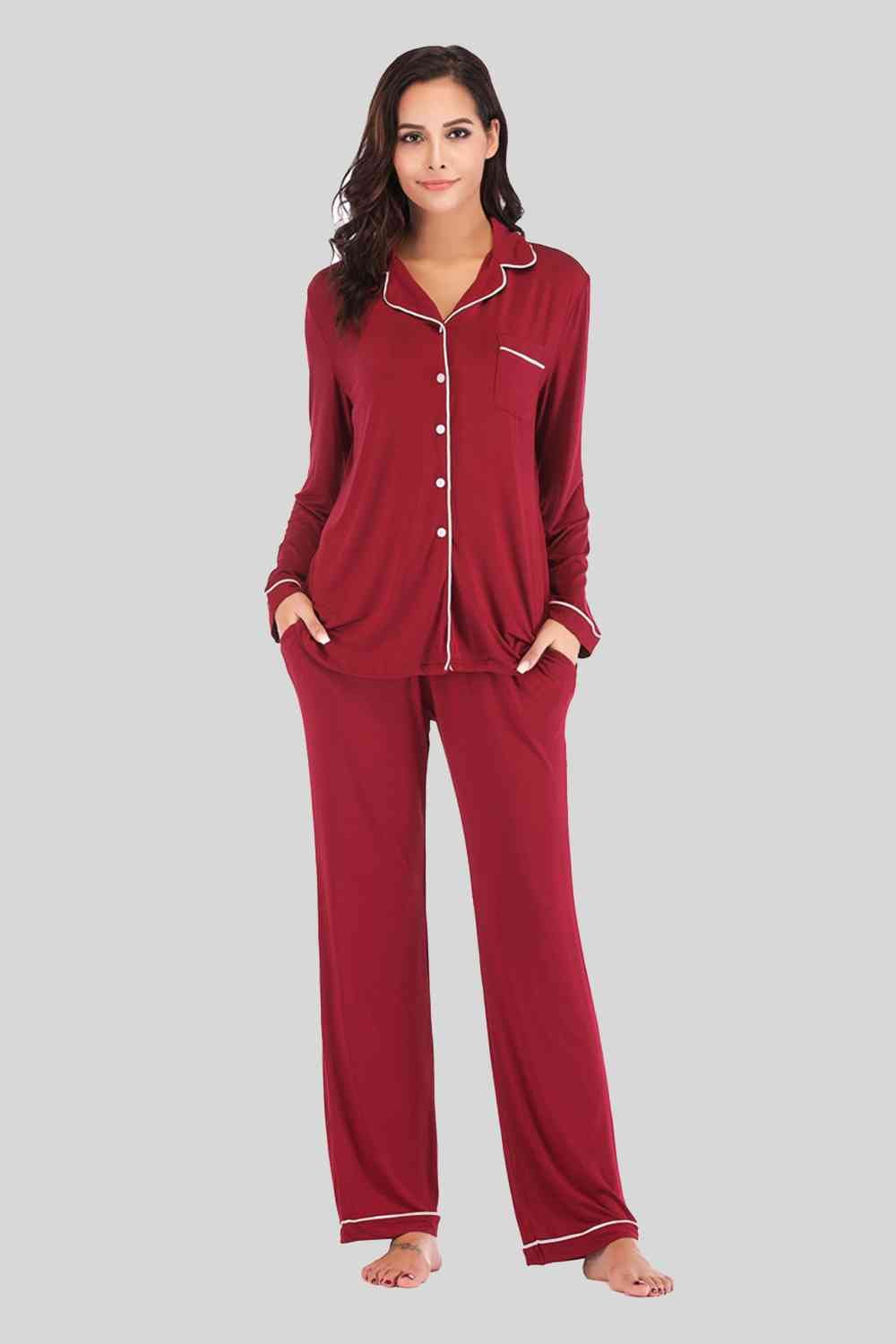 Collared Neck Long Sleeve Loungewear Set with Pockets - Loungewear Set - Wine - Bella Bourget