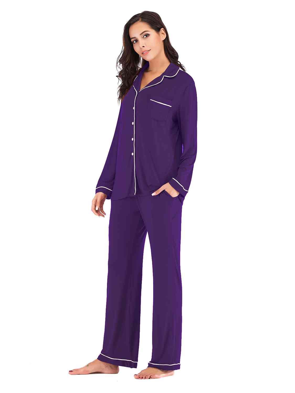 Collared Neck Long Sleeve Loungewear Set with Pockets - Loungewear Set - Violet - Bella Bourget