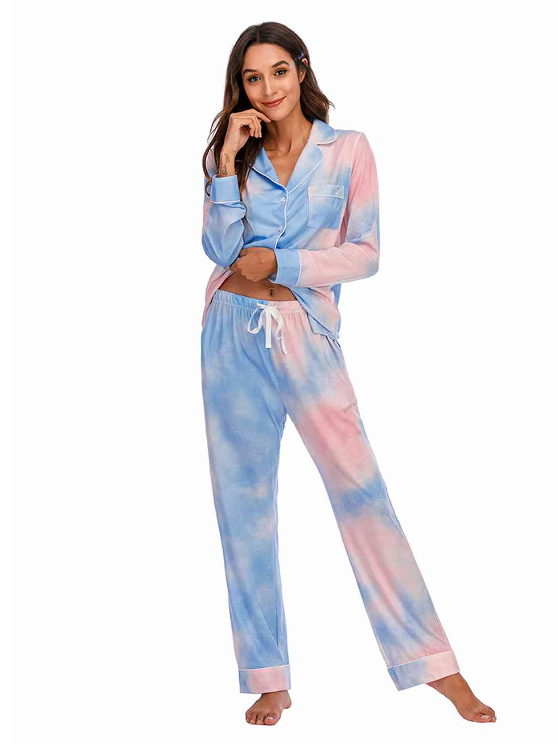 Collared Neck Long Sleeve Loungewear Set with Pockets - Loungewear Set - Multicolor - Bella Bourget