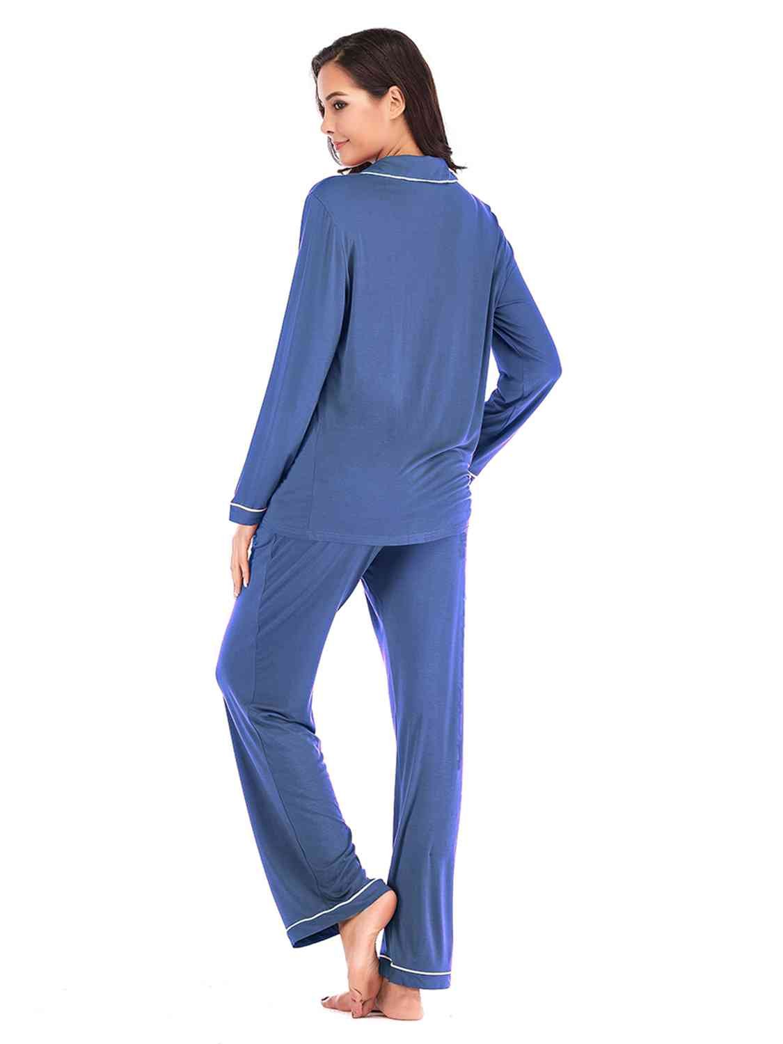 Collared Neck Long Sleeve Loungewear Set with Pockets - Loungewear Set - Peacock Blue - Bella Bourget