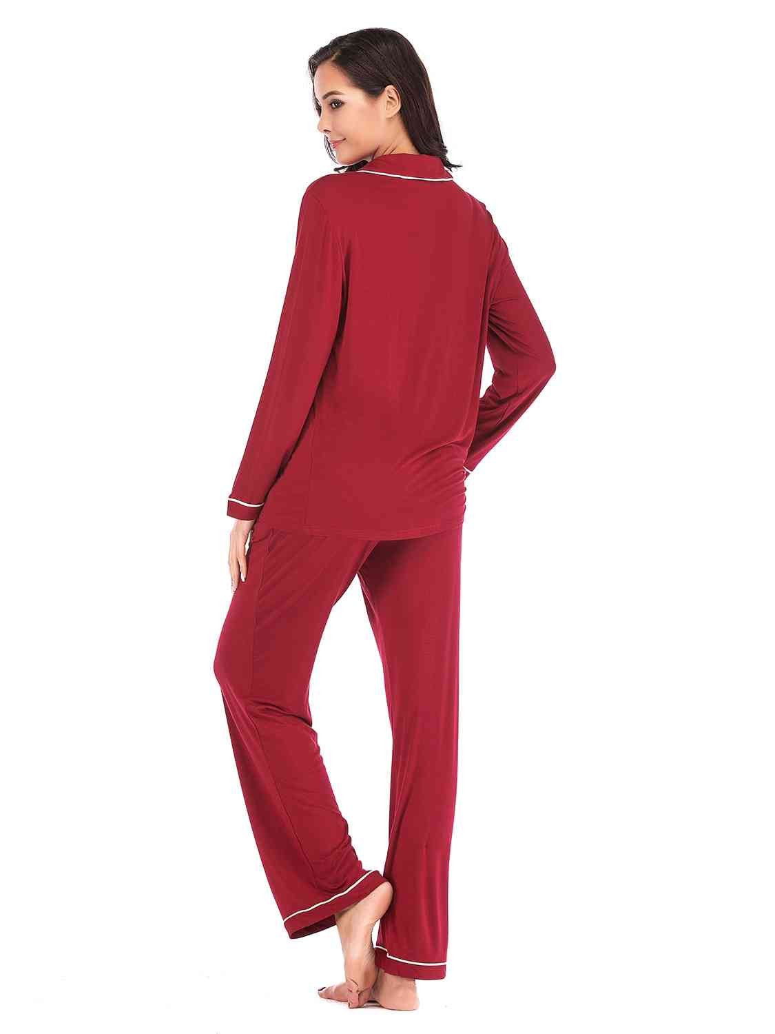 Collared Neck Long Sleeve Loungewear Set with Pockets - Loungewear Set - Wine - Bella Bourget