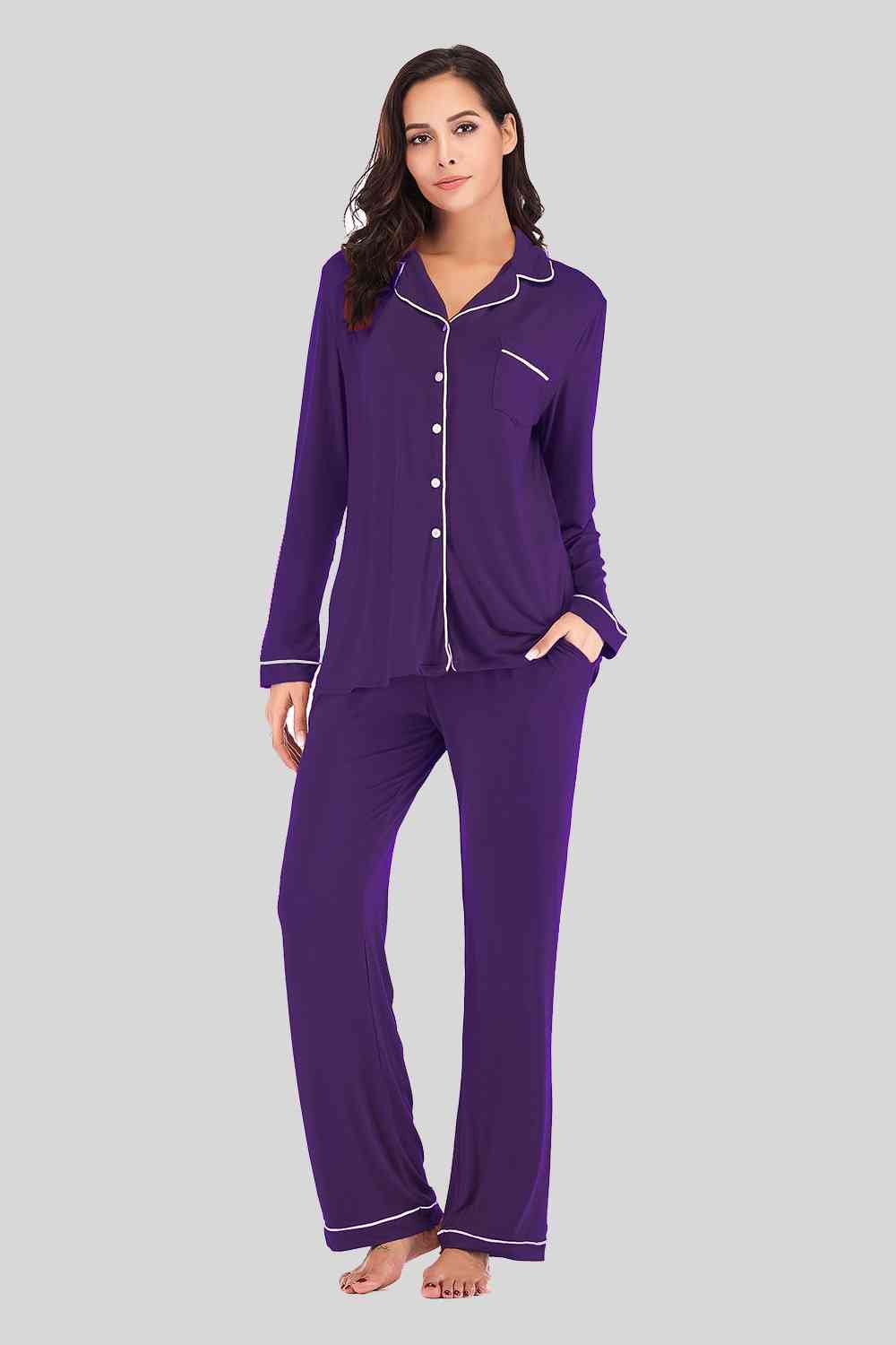 Collared Neck Long Sleeve Loungewear Set with Pockets - Loungewear Set - Violet - Bella Bourget