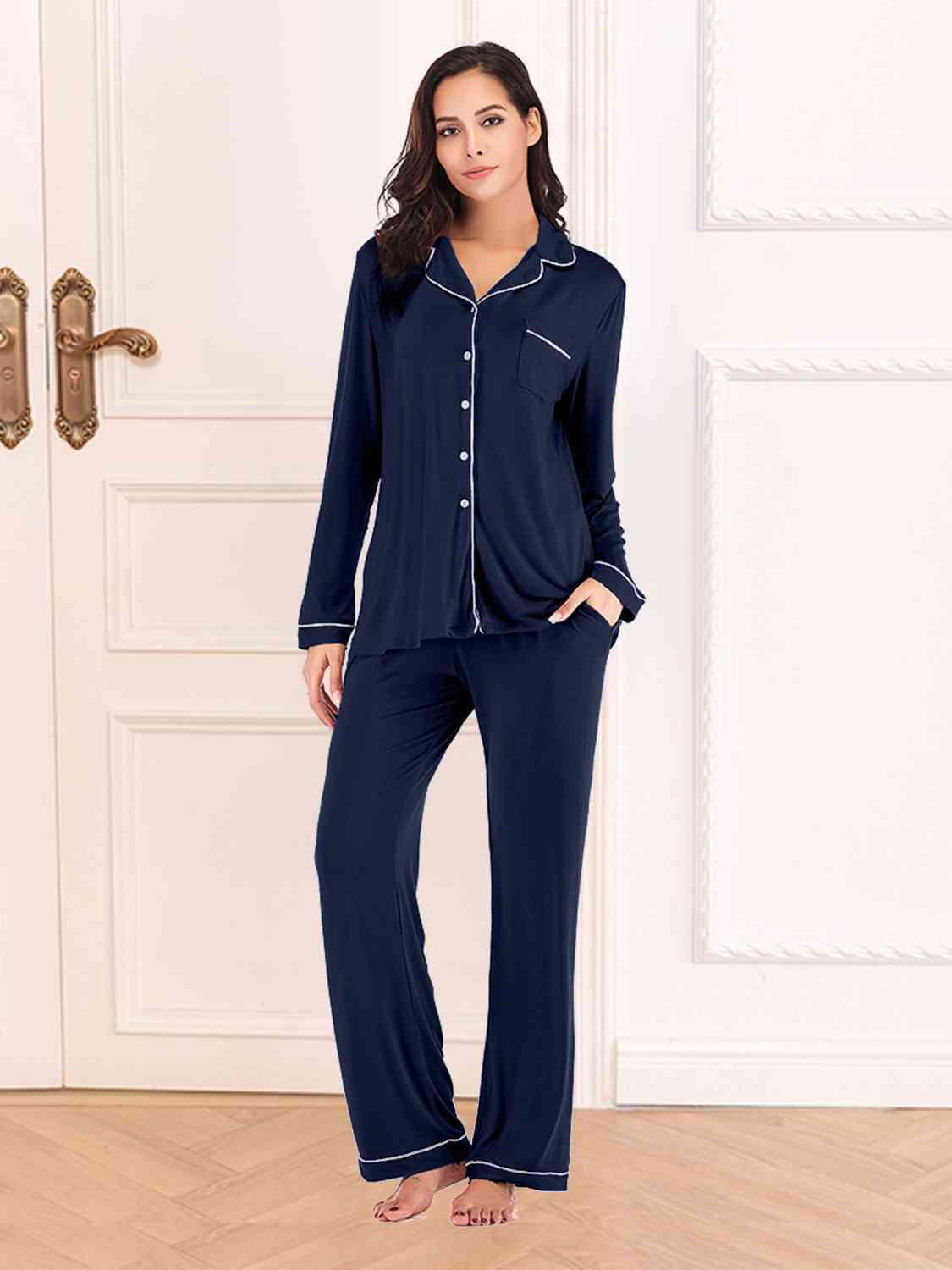 Collared Neck Long Sleeve Loungewear Set with Pockets - Loungewear Set - Navy - Bella Bourget