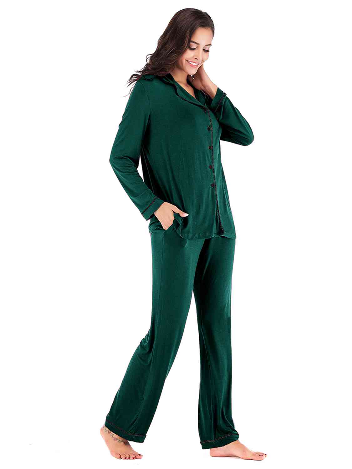 Collared Neck Long Sleeve Loungewear Set with Pockets - Loungewear Set - Green - Bella Bourget