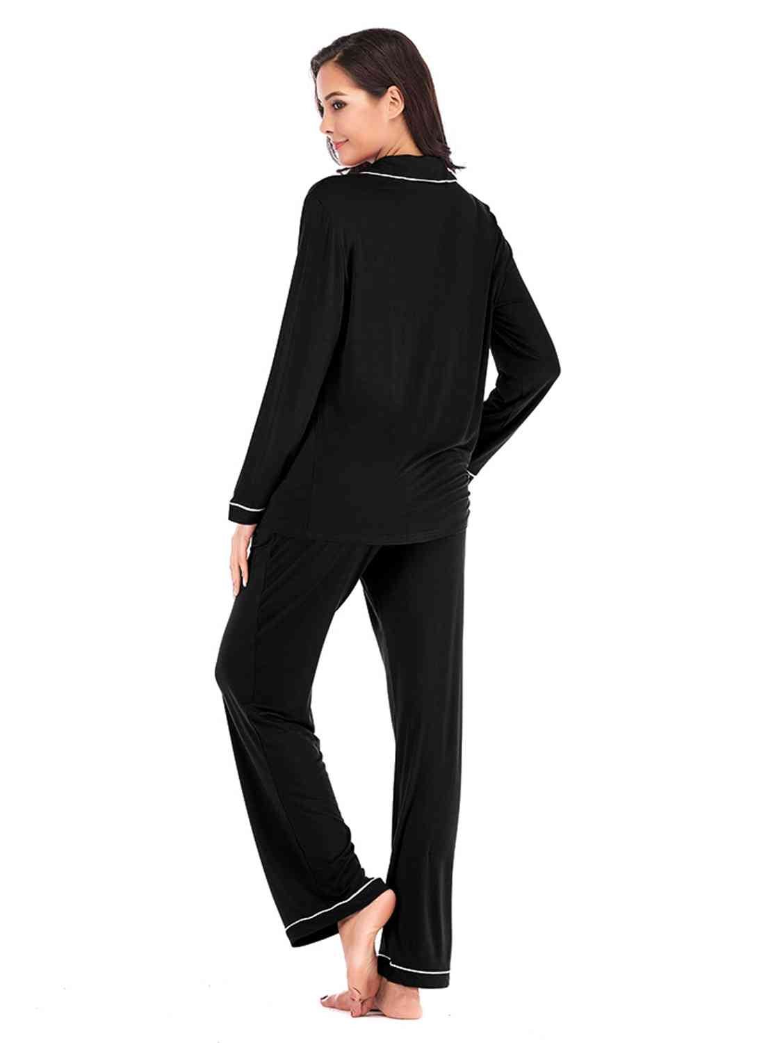 Collared Neck Long Sleeve Loungewear Set with Pockets - Loungewear Set - Black - Bella Bourget