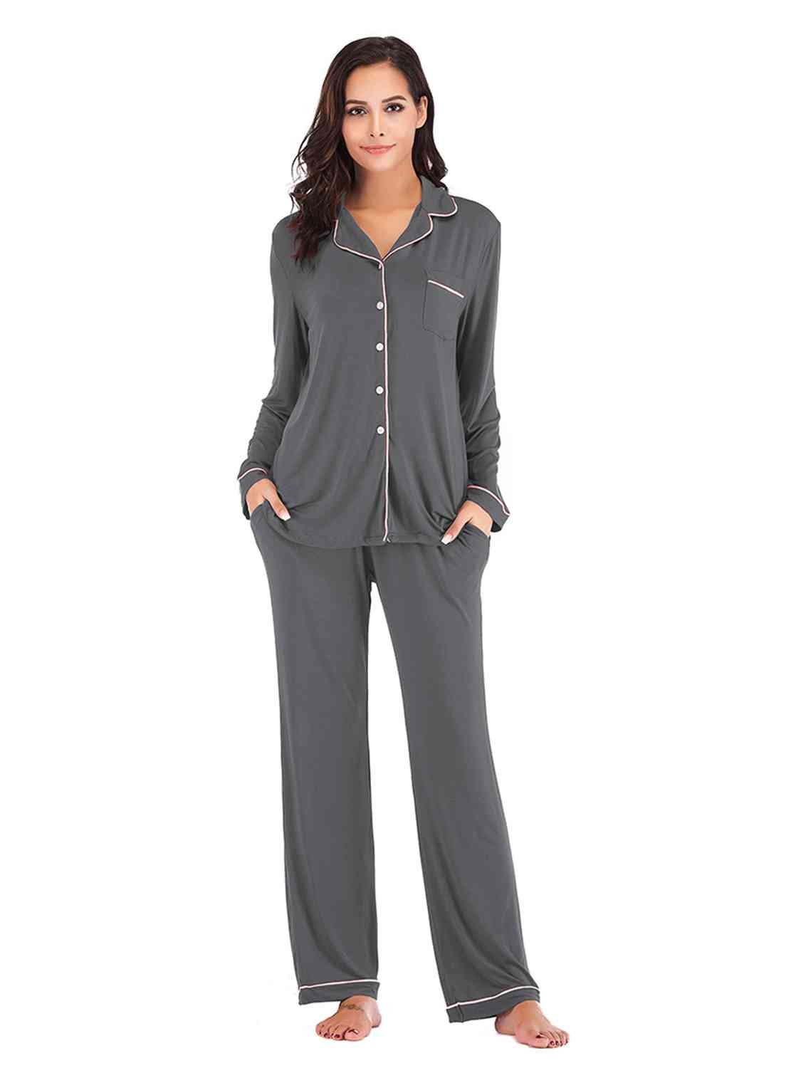 Collared Neck Long Sleeve Loungewear Set with Pockets - Loungewear Set - Charcoal - Bella Bourget