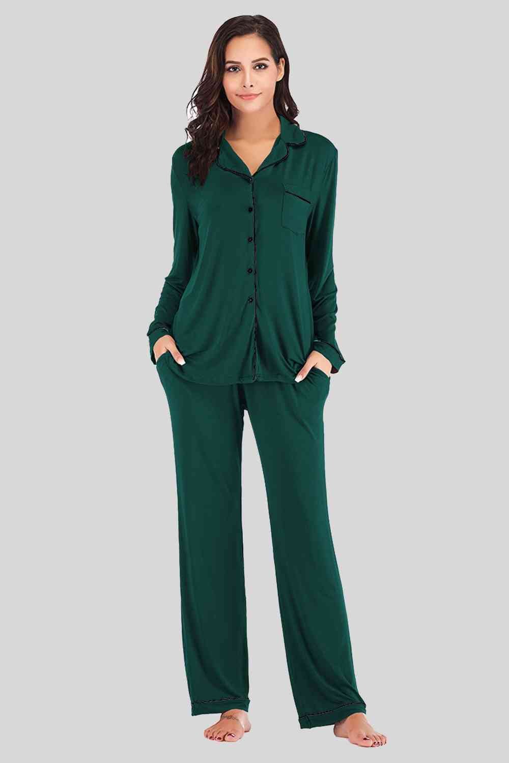 Collared Neck Long Sleeve Loungewear Set with Pockets - Loungewear Set - Green - Bella Bourget