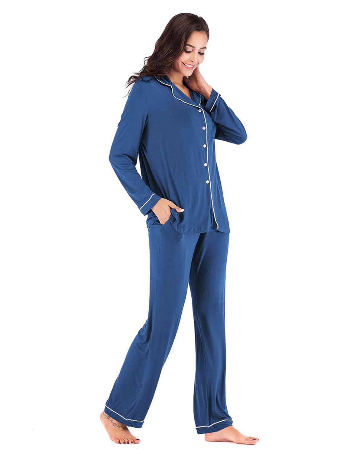 Collared Neck Long Sleeve Loungewear Set with Pockets - Loungewear Set - Peacock Blue - Bella Bourget