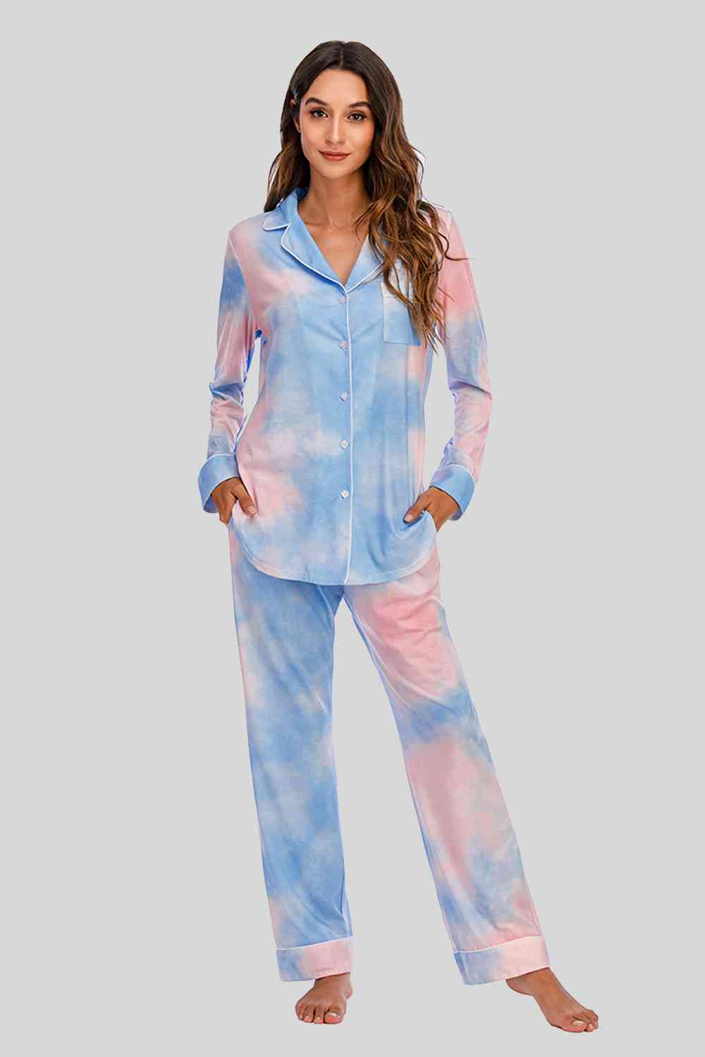 Collared Neck Long Sleeve Loungewear Set with Pockets - Loungewear Set - Multicolor - Bella Bourget