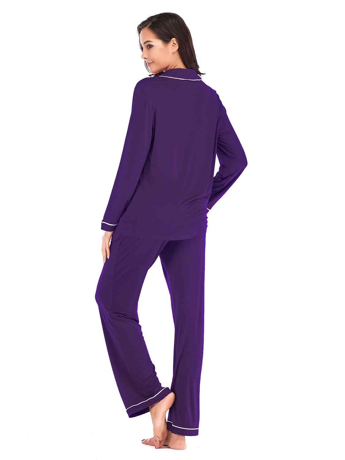 Collared Neck Long Sleeve Loungewear Set with Pockets - Loungewear Set - Violet - Bella Bourget