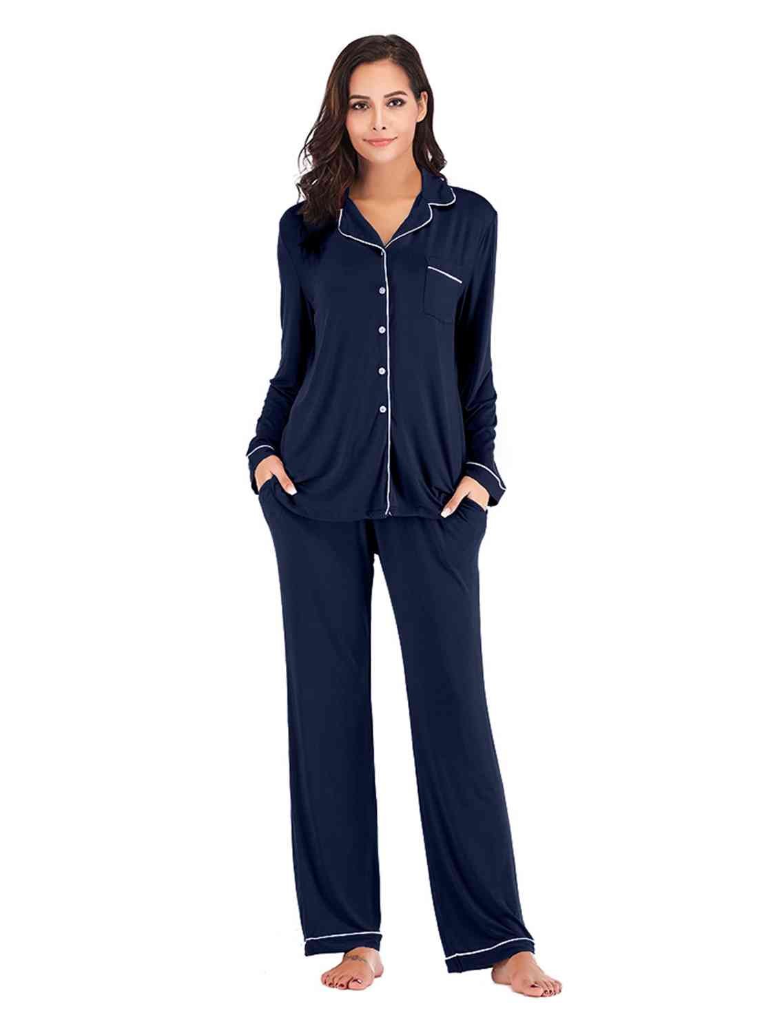 Collared Neck Long Sleeve Loungewear Set with Pockets - Loungewear Set - Navy - Bella Bourget