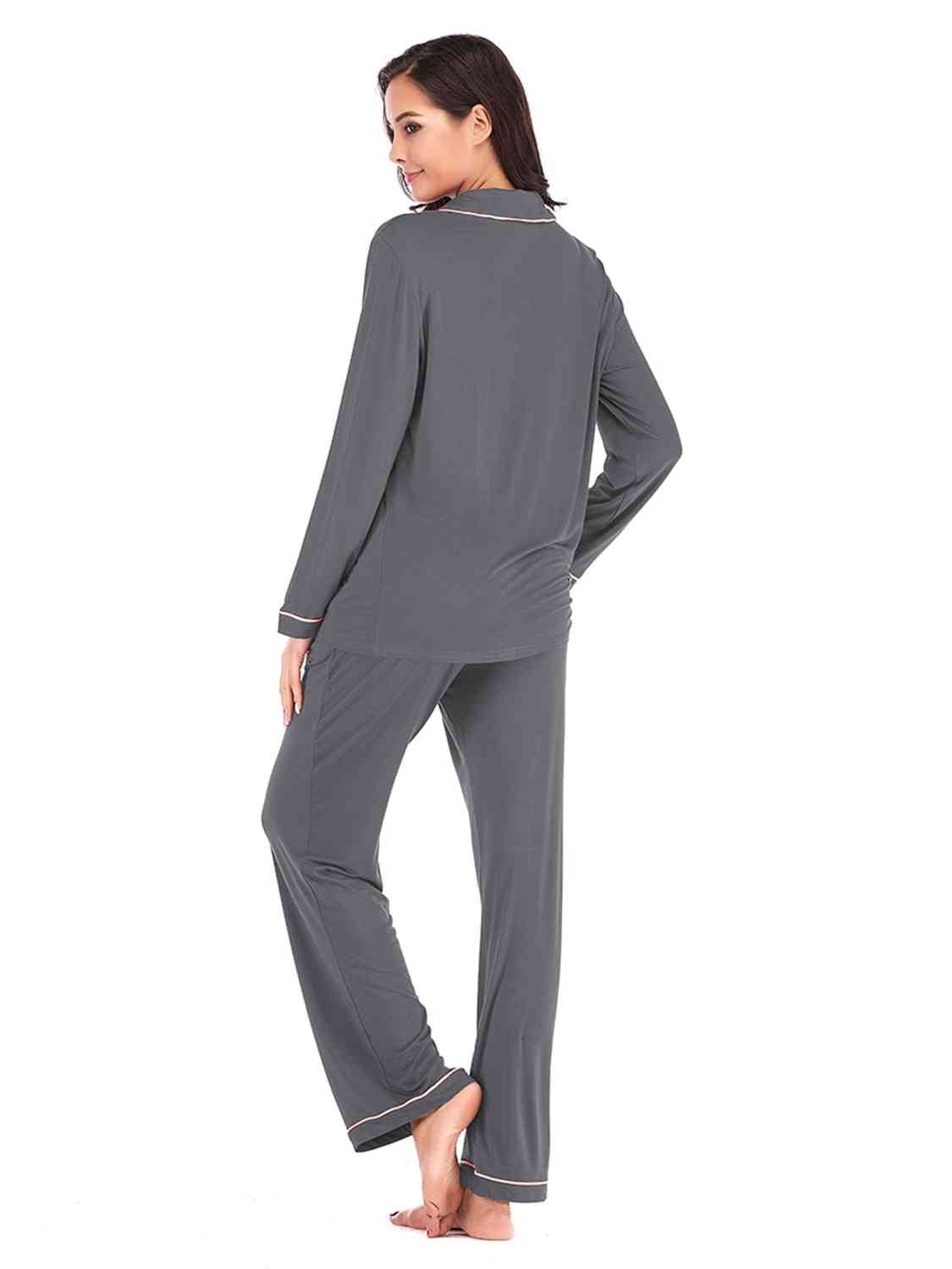 Collared Neck Long Sleeve Loungewear Set with Pockets - Loungewear Set - Charcoal - Bella Bourget