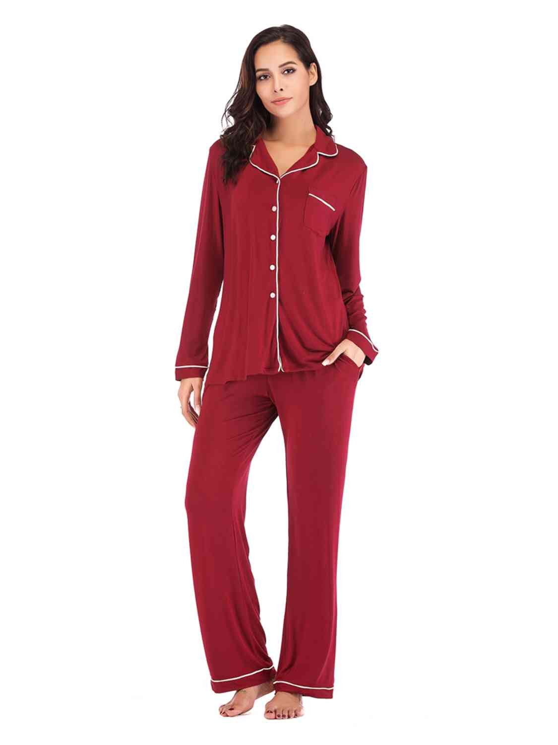 Collared Neck Long Sleeve Loungewear Set with Pockets - Loungewear Set - Wine - Bella Bourget