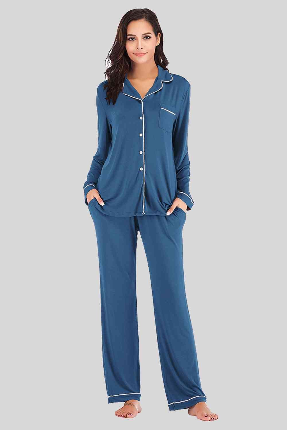 Collared Neck Long Sleeve Loungewear Set with Pockets - Loungewear Set - Peacock Blue - Bella Bourget